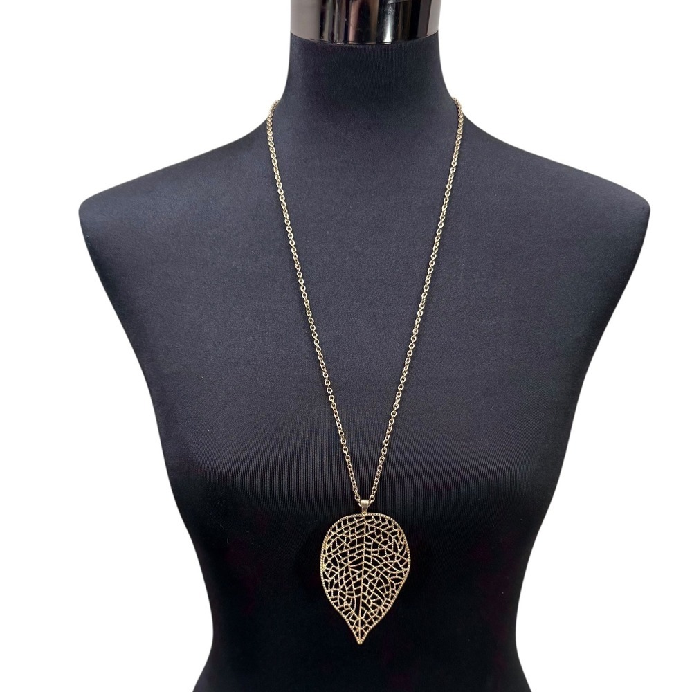Gold Tone Long Leaf Pendant Necklace Statement Chain Fashion Jewelry 18 in L